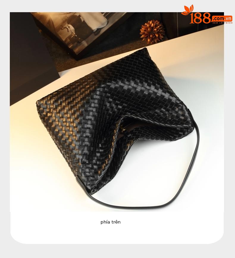 Túi tote da nữ đáy rộng phong cách BV dệt chéo — đen, Rượu vang đỏ, Màu xanh lá cây, Xám mờ chi tiết 12