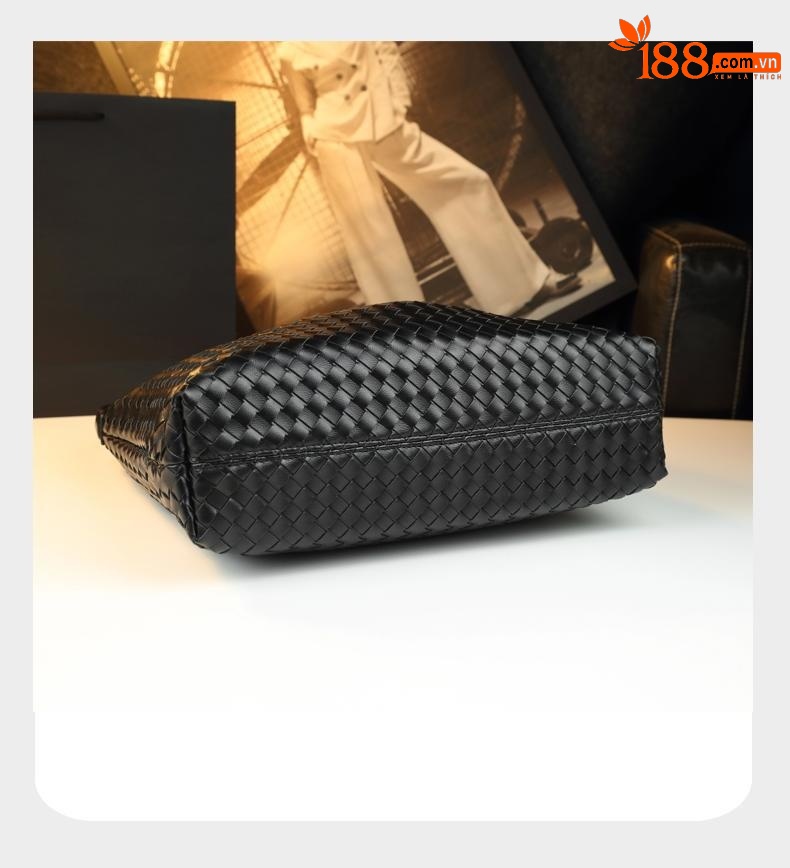 Túi tote da nữ đáy rộng phong cách BV dệt chéo — đen, Rượu vang đỏ, Màu xanh lá cây, Xám mờ chi tiết 13