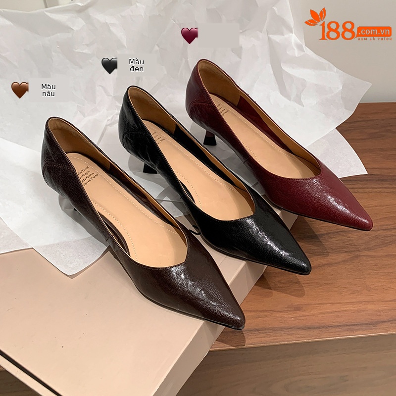 Giày cao gót nữ mũi nhọn da cừu, gót 5 cm, phong cách Hàn Quốc đơn giản — màu nâu chi tiết 6