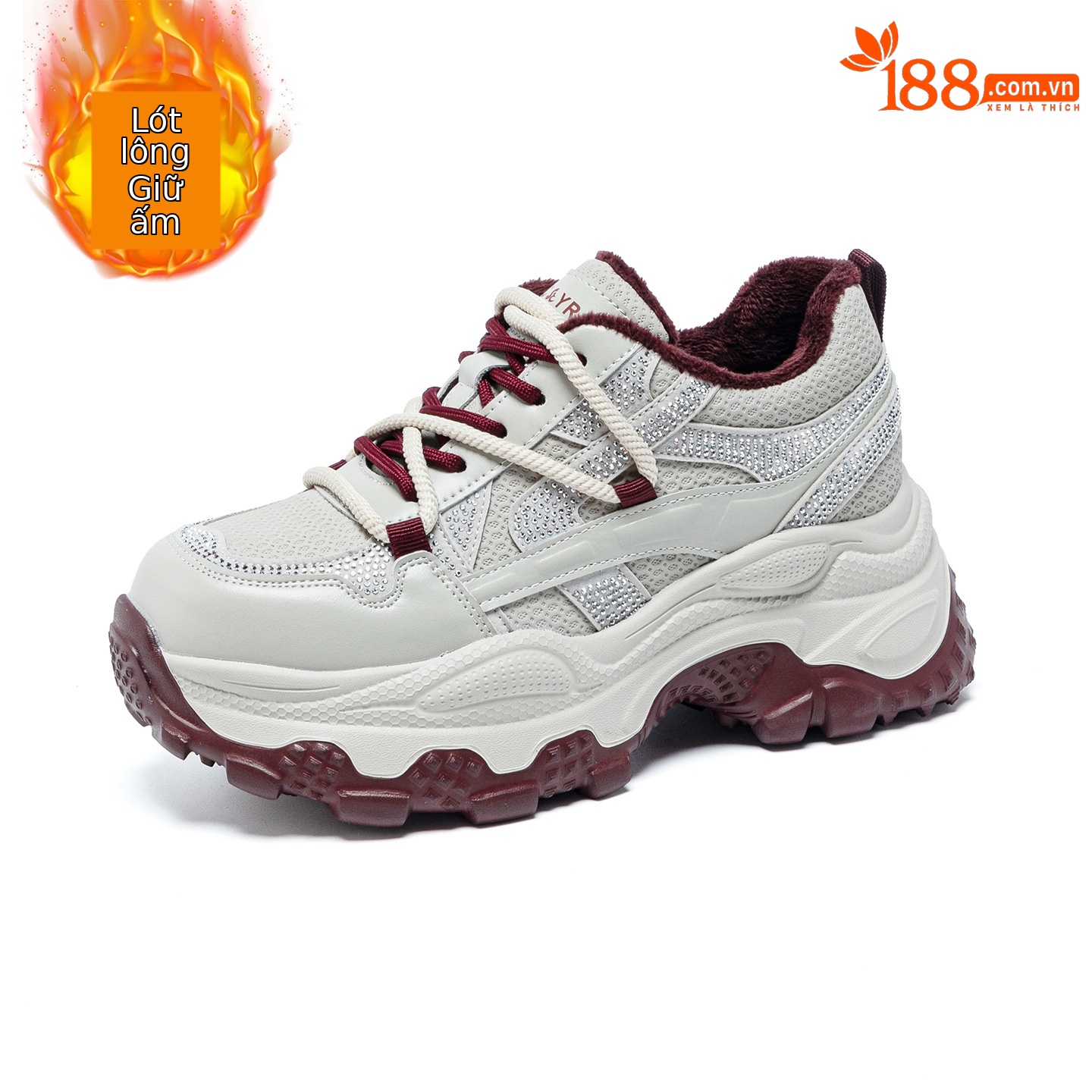 Giày sneaker nữ chunky đế dày phối đá pha lê, tăng chiều cao, siêu nhẹ, thể thao thời trang — 5022-1 đỏ lót lông, 5022 đỏ một lớp