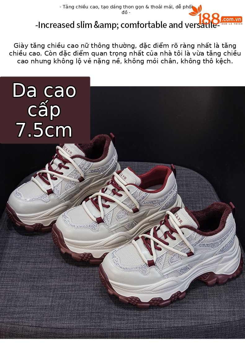 Giày sneaker nữ chunky đế dày phối đá pha lê, tăng chiều cao, siêu nhẹ, thể thao thời trang — 5022-1 đỏ lót lông, 5022 đỏ một lớp chi tiết 2