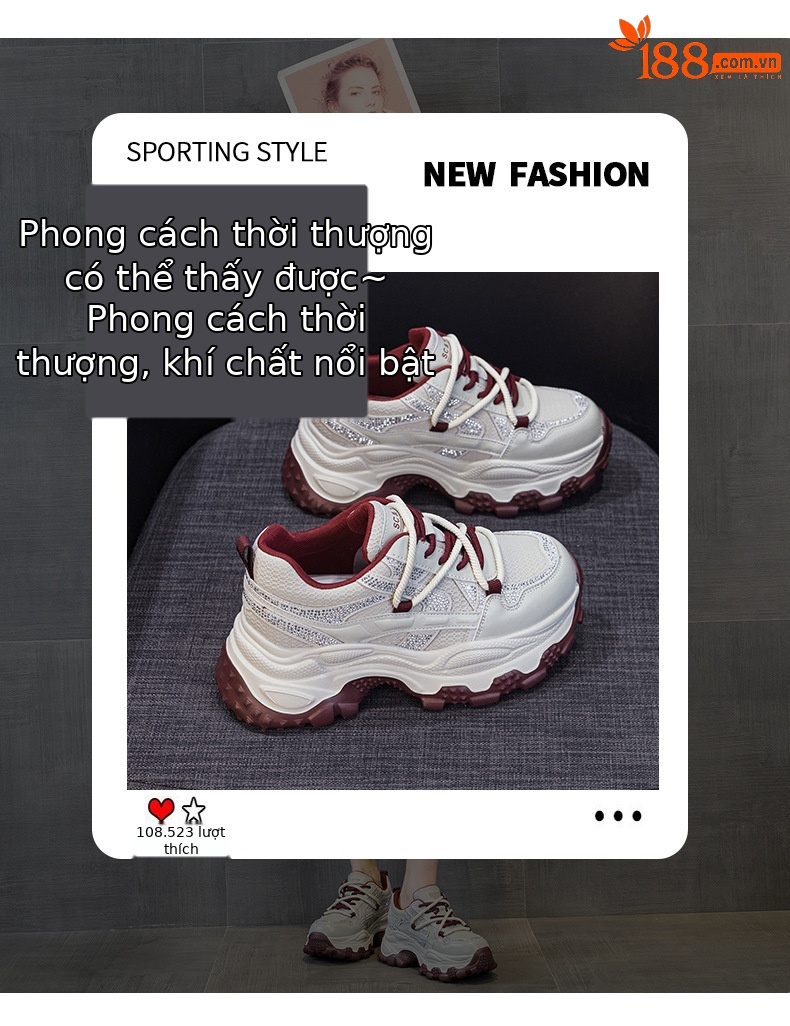 Giày sneaker nữ chunky đế dày phối đá pha lê, tăng chiều cao, siêu nhẹ, thể thao thời trang — 5022-1 đỏ lót lông, 5022 đỏ một lớp chi tiết 3