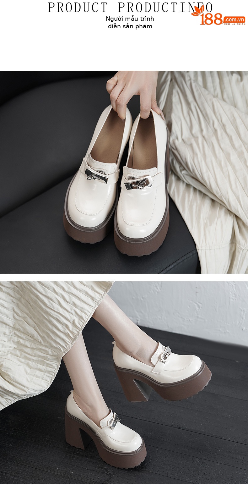 Giày loafer nữ đế xuồng platform gót cao 12 cm khóa cài da thật — màu đen chi tiết 1