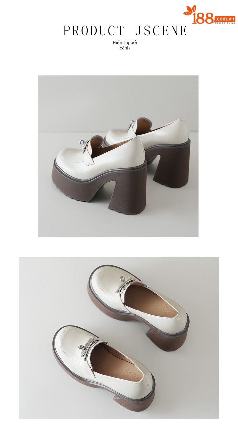 Giày loafer nữ đế xuồng platform gót cao 12 cm khóa cài da thật — màu đen chi tiết 4