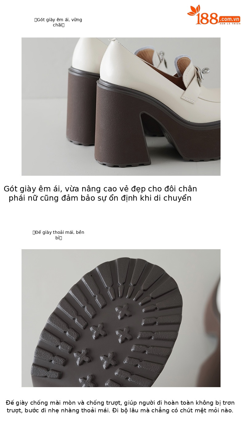 Giày loafer nữ đế xuồng platform gót cao 12 cm khóa cài da thật — màu đen chi tiết 7