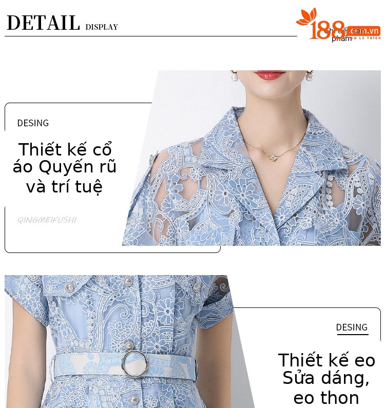 Đầm maxi nữ ren thêu hoa cổ vest cài cúc thắt eo dáng dài thanh lịch — xanh lam, màu trắng, màu vàng chi tiết 2