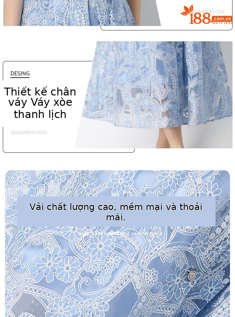 Đầm maxi nữ ren thêu hoa cổ vest cài cúc thắt eo dáng dài thanh lịch — xanh lam, màu trắng, màu vàng chi tiết 3