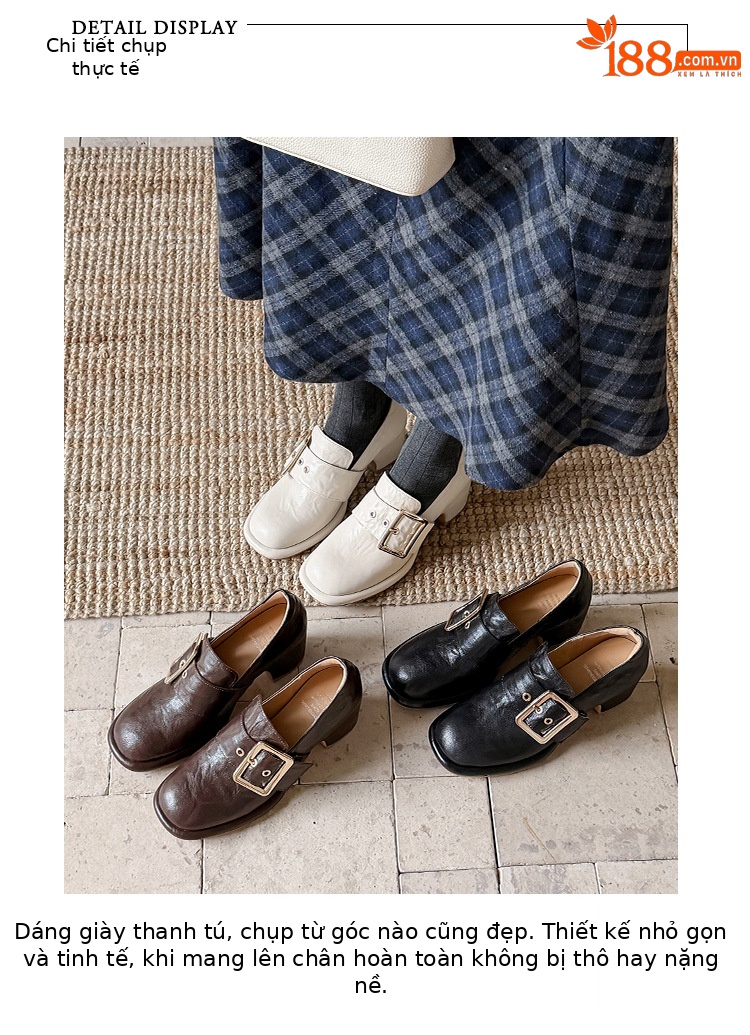 Giày cao gót nữ loafer da cừu gót vuông 7 cm — màu nâu chi tiết 1