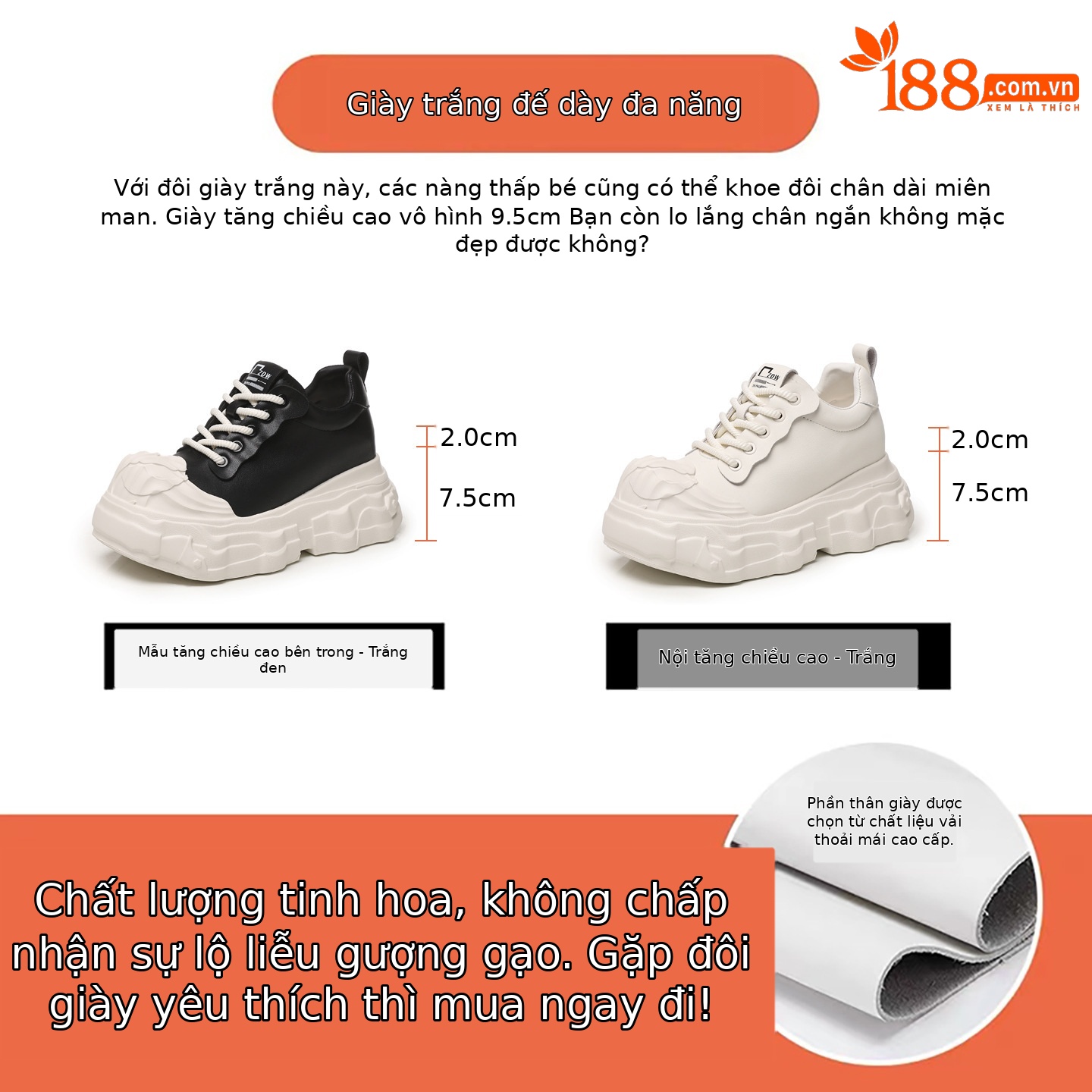 Giày sneaker nữ đế dày tăng chiều cao siêu mềm trắng — màu trắng
