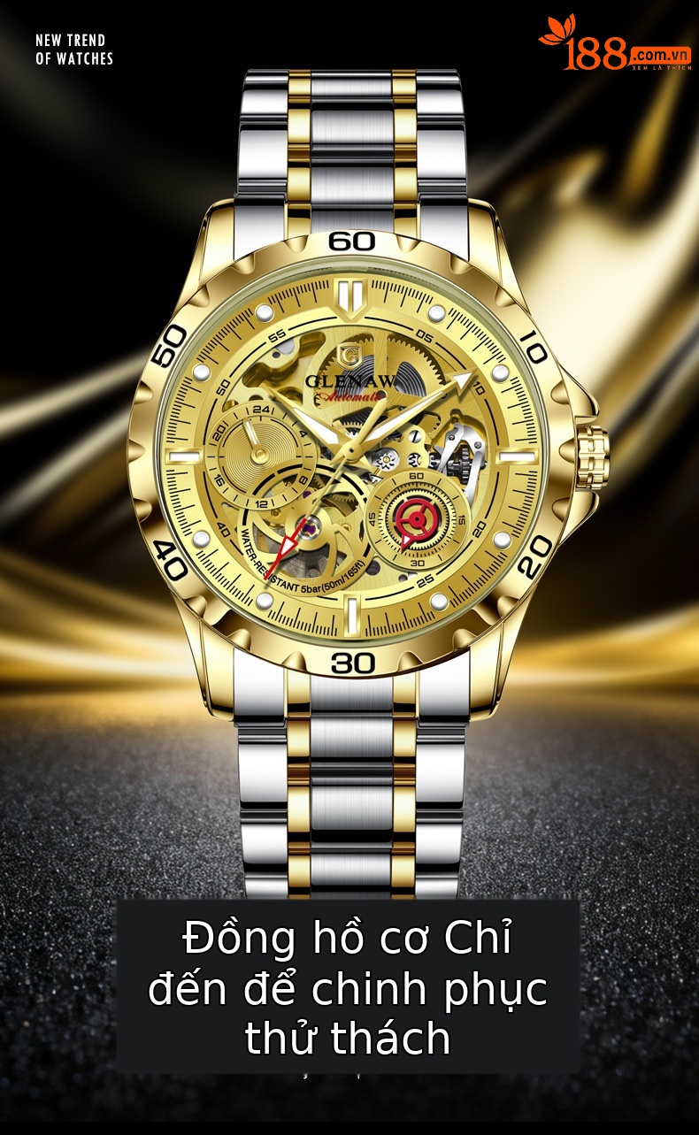Đồng hồ nam automatic skeleton lộ máy hai mặt kính phát quang dây thép không gỉ 8720 chi tiết 1