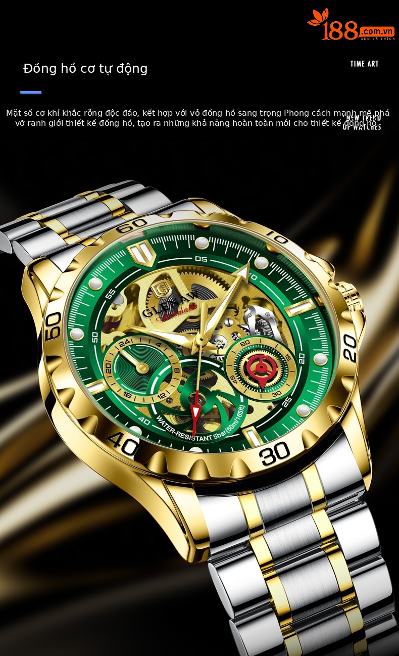 Đồng hồ nam automatic skeleton lộ máy hai mặt kính phát quang dây thép không gỉ 8720 chi tiết 2