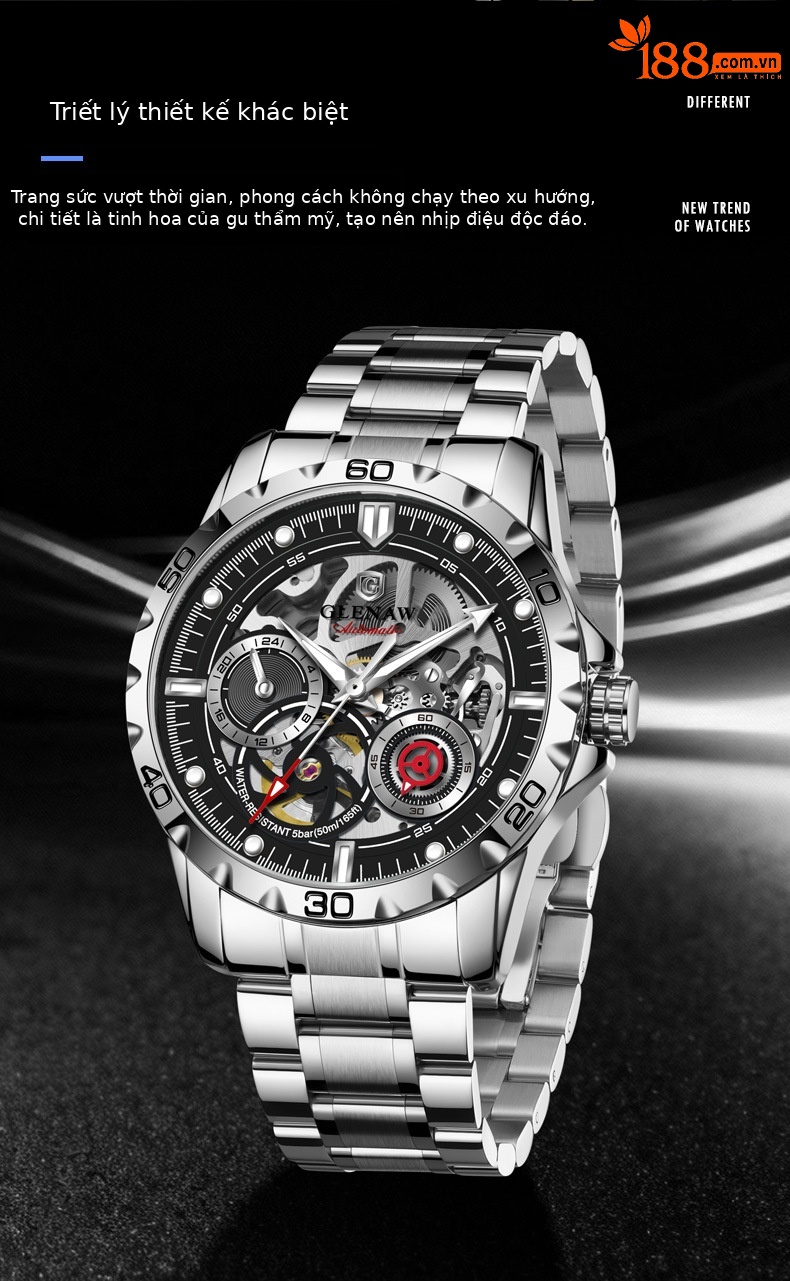 Đồng hồ nam automatic skeleton lộ máy hai mặt kính phát quang dây thép không gỉ 8720 chi tiết 3
