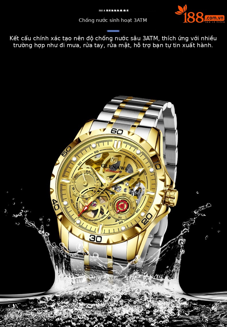 Đồng hồ nam automatic skeleton lộ máy hai mặt kính phát quang dây thép không gỉ 8720 chi tiết 6