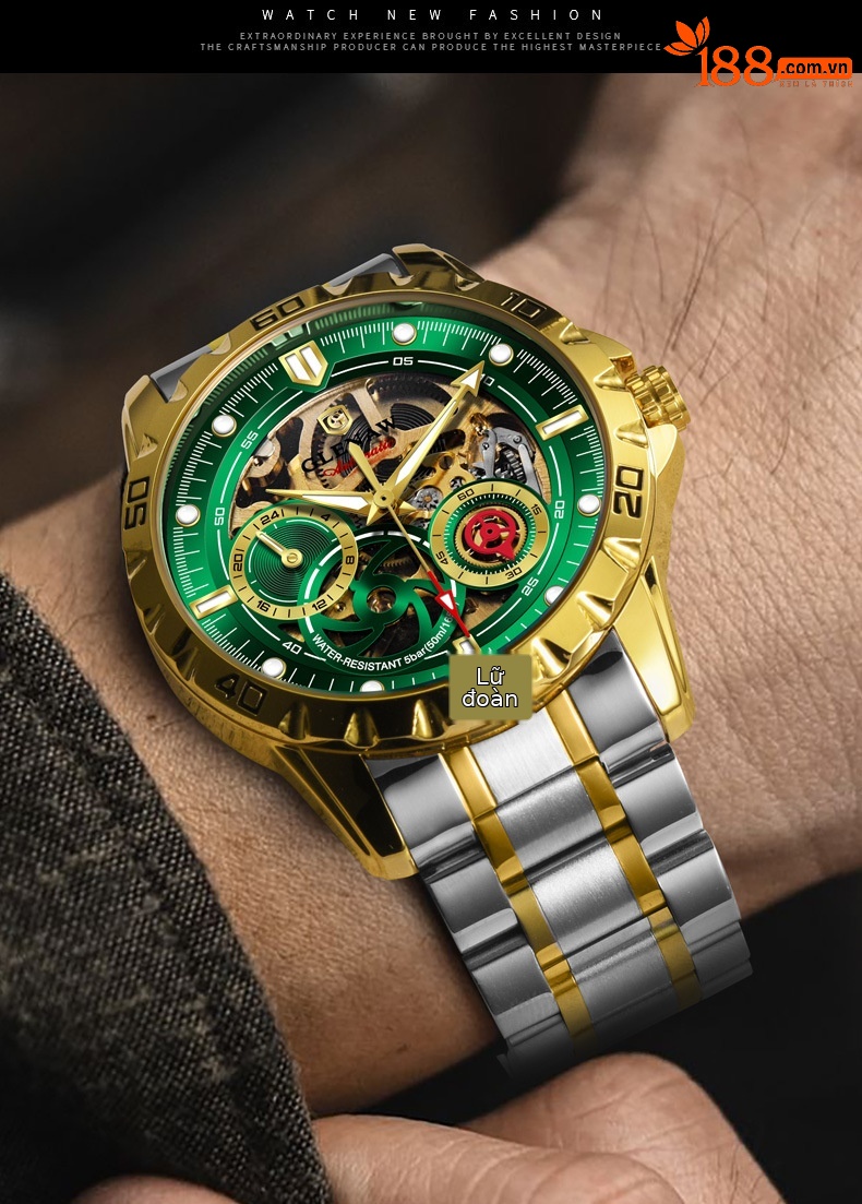 Đồng hồ nam automatic skeleton lộ máy hai mặt kính phát quang dây thép không gỉ 8720 chi tiết 8
