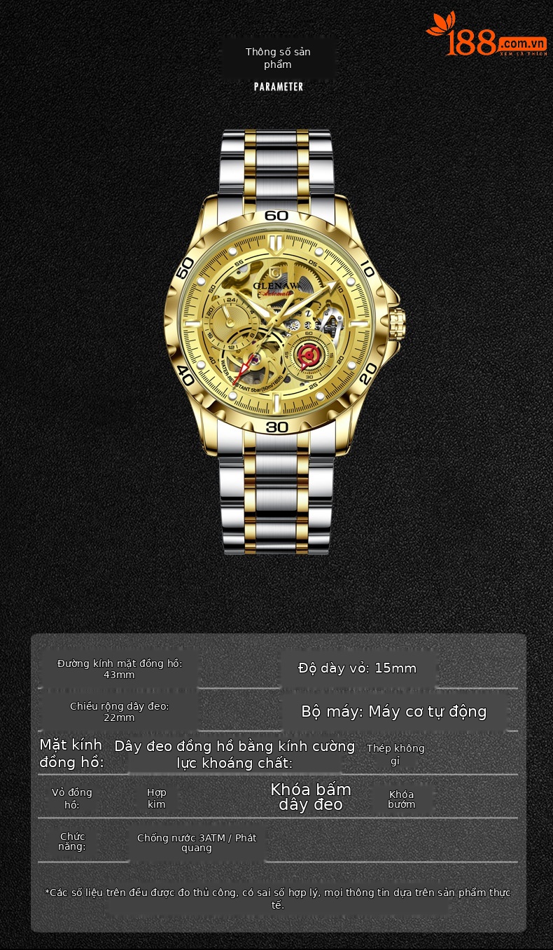 Đồng hồ nam automatic skeleton lộ máy hai mặt kính phát quang dây thép không gỉ 8720 chi tiết 4