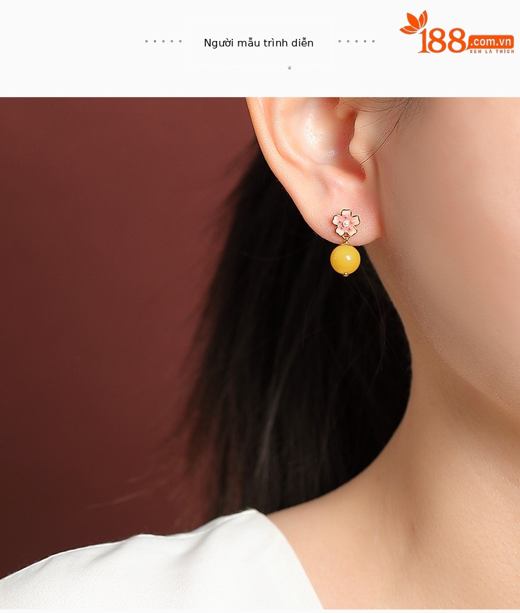 Bông tai bạc S925 mạ vàng đính đá thủy ngọc mật ong hình giọt nước — Mật ong sáp chi tiết 8