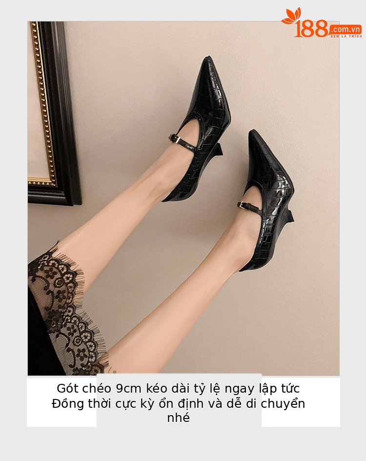 Giày cao gót nữ mũi nhọn đế xuồng platform da bò ép vân hoa, gót 9 cm — màu đen, màu trắng ngà chi tiết 8