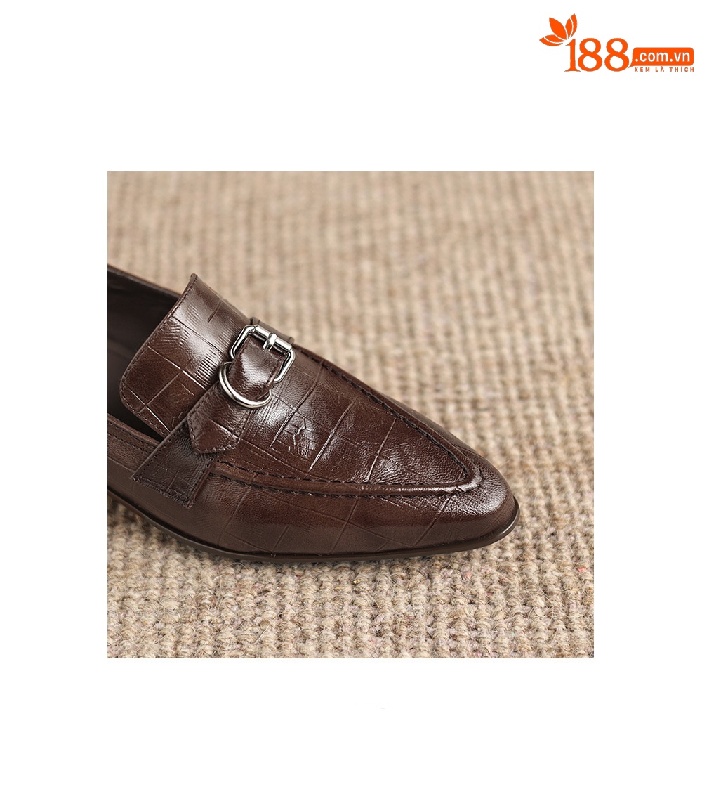Giày loafer nữ phong cách Anh quốc, mũi sâu, gót thấp vuông, da bò — màu nâu chi tiết 10
