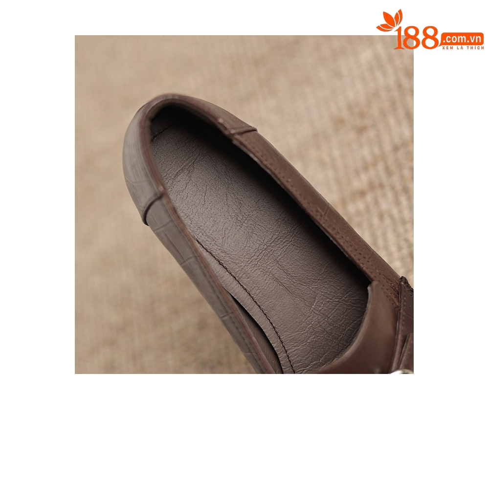 Giày loafer nữ phong cách Anh quốc, mũi sâu, gót thấp vuông, da bò — màu nâu chi tiết 13