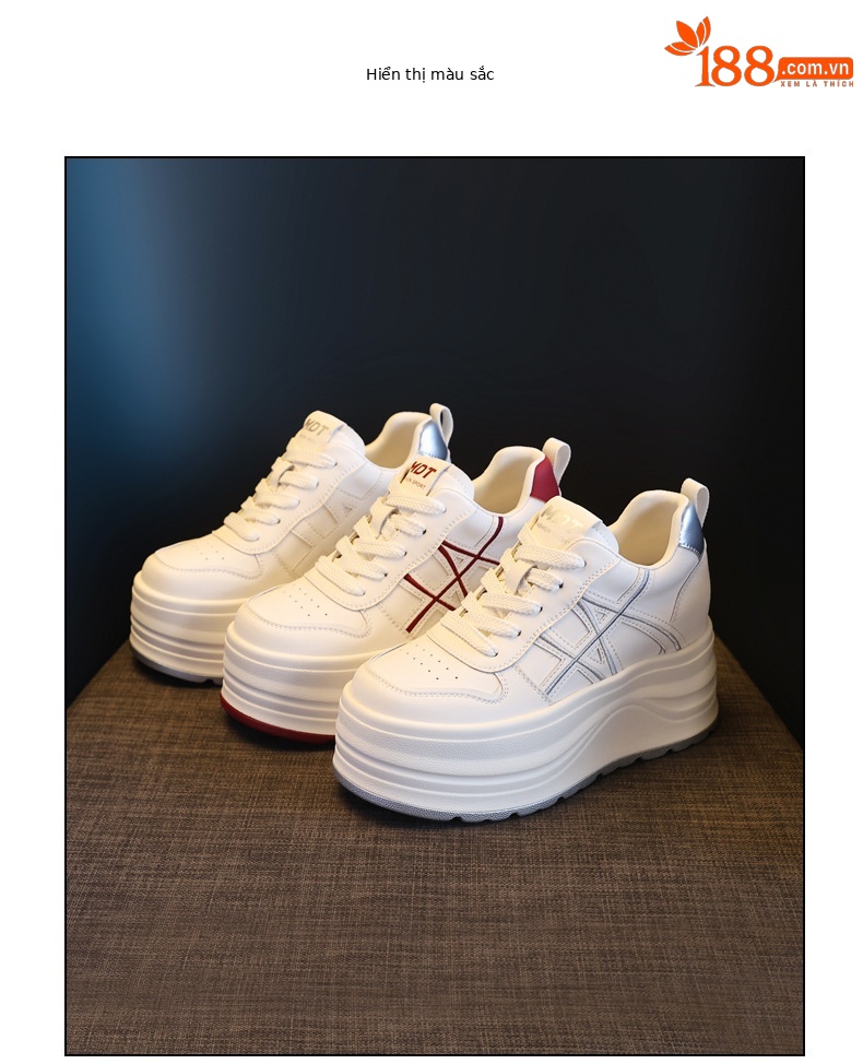 Giày sneaker nữ đế dày tăng chiều cao, phối màu trắng basic, đế bánh mì êm ái — màu sắc chi tiết 18