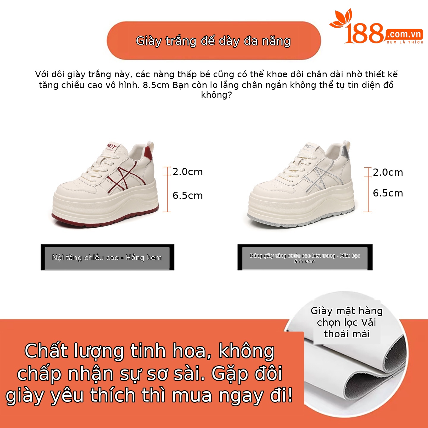 Giày sneaker nữ đế dày tăng chiều cao, phối màu trắng basic, đế bánh mì êm ái — màu sắc