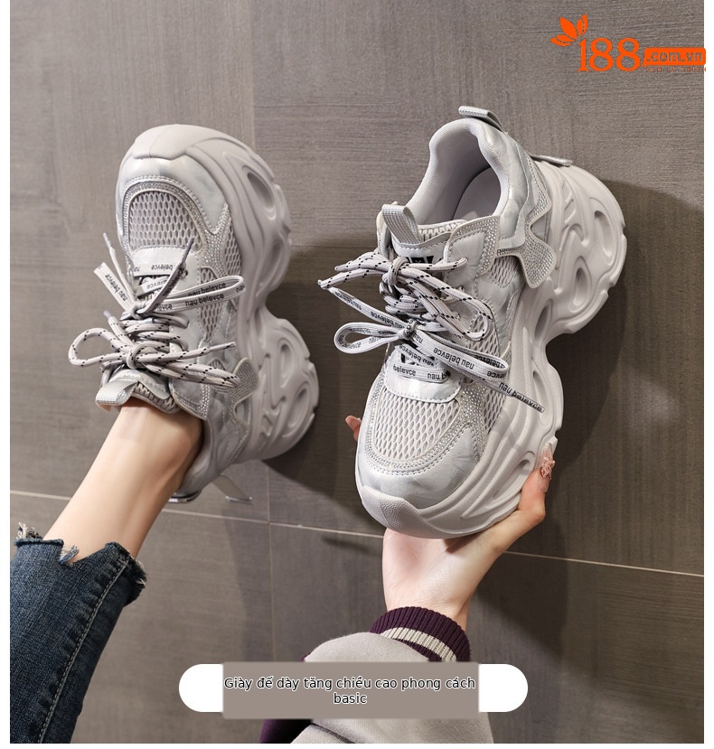 Giày sneaker nữ chunky đế dày tăng chiều cao, đính đá rhinestone, phong cách thể thao — Màu súng chi tiết 1