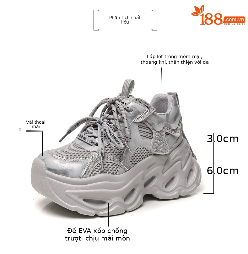 Giày sneaker nữ chunky đế dày tăng chiều cao, đính đá rhinestone, phong cách thể thao — Màu súng chi tiết 3