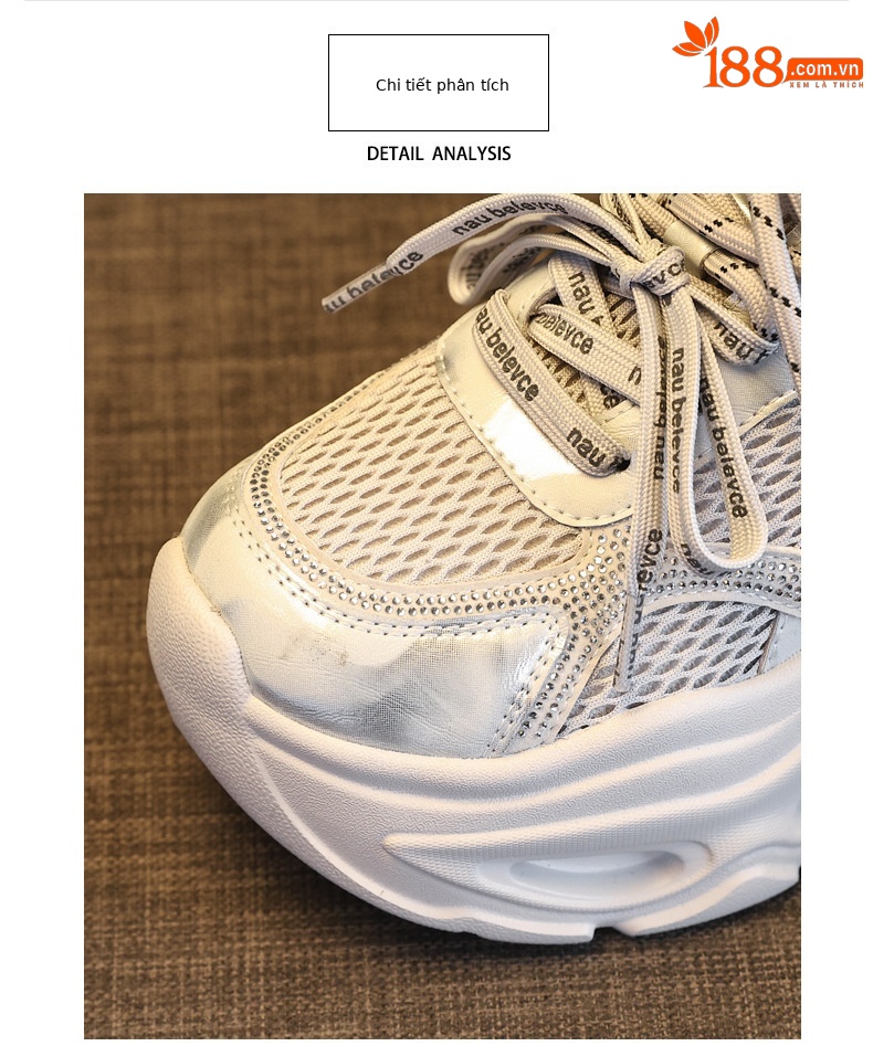 Giày sneaker nữ chunky đế dày tăng chiều cao, đính đá rhinestone, phong cách thể thao — Màu súng chi tiết 7
