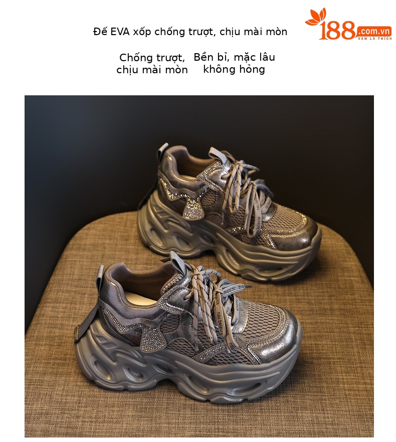 Giày sneaker nữ chunky đế dày tăng chiều cao, đính đá rhinestone, phong cách thể thao — Màu súng chi tiết 10