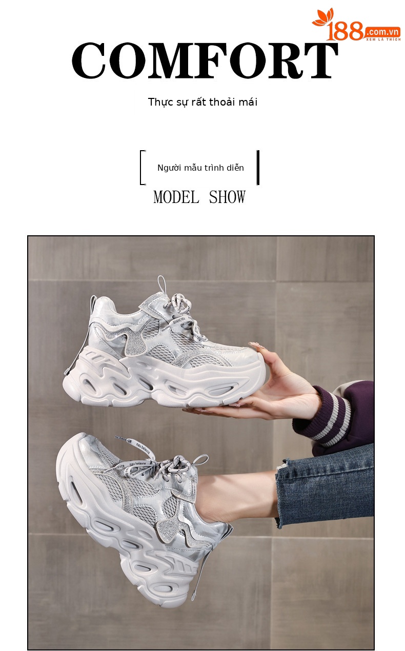 Giày sneaker nữ chunky đế dày tăng chiều cao, đính đá rhinestone, phong cách thể thao — Màu súng chi tiết 11
