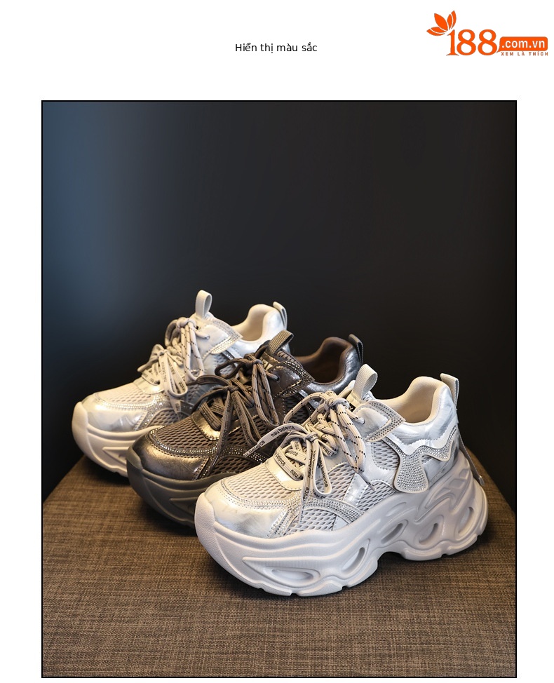 Giày sneaker nữ chunky đế dày tăng chiều cao, đính đá rhinestone, phong cách thể thao — Màu súng chi tiết 18