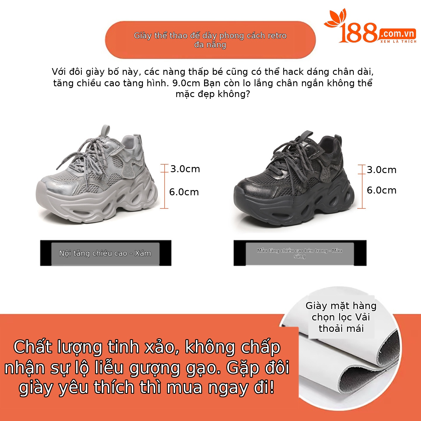 Giày sneaker nữ chunky đế dày tăng chiều cao, đính đá rhinestone, phong cách thể thao — Màu súng