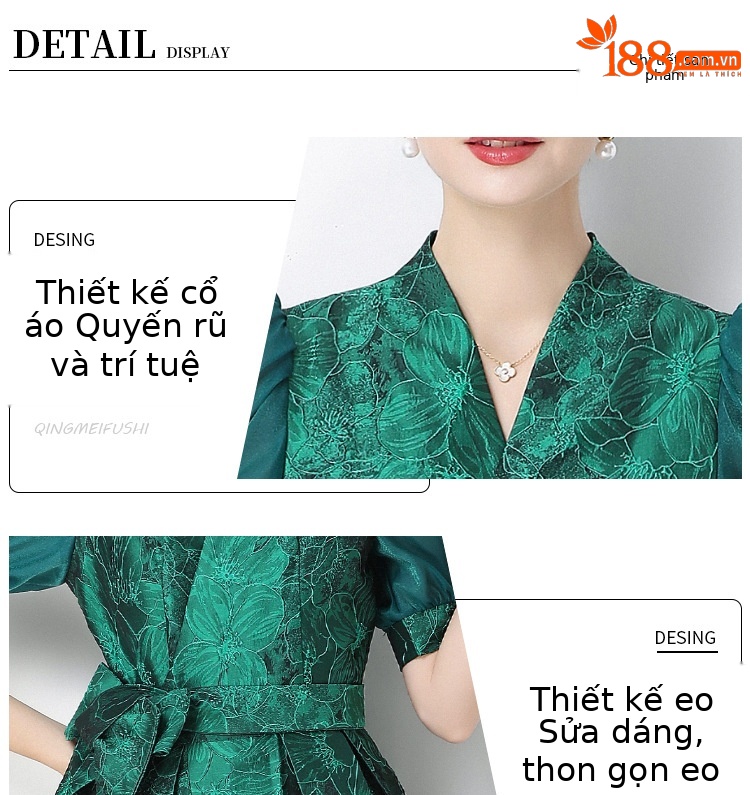 Đầm maxi nữ thắt eo V cổ tay ngắn họa tiết jacquard thanh lịch — màu đen, xanh lam, Màu hồng, màu trắng chi tiết 2