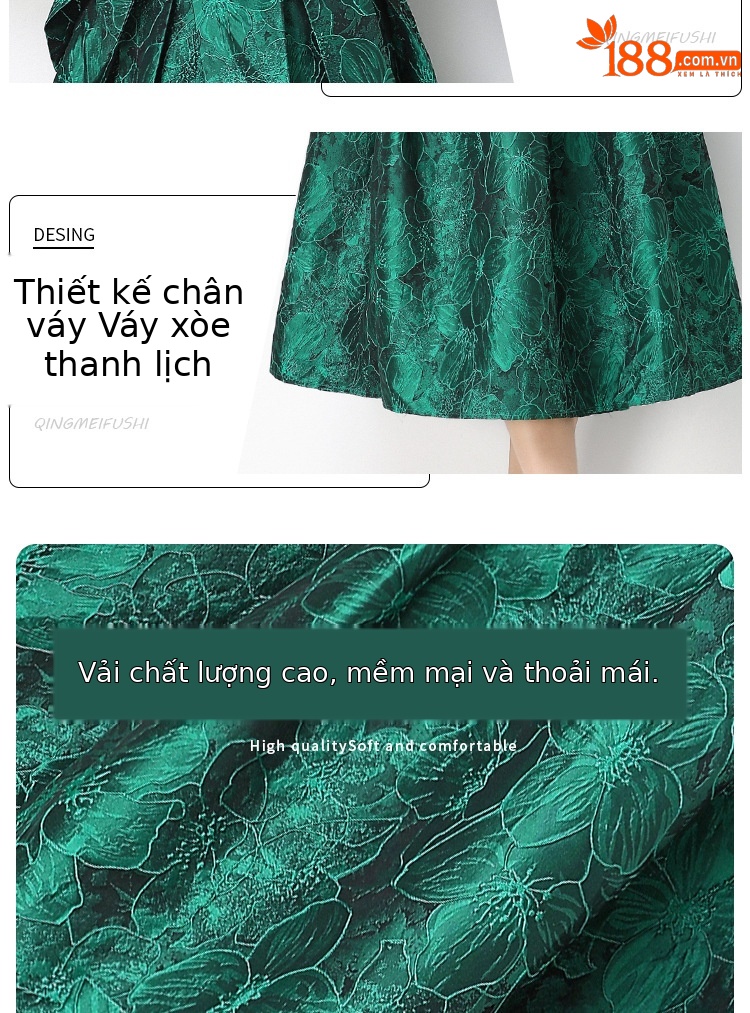 Đầm maxi nữ thắt eo V cổ tay ngắn họa tiết jacquard thanh lịch — màu đen, xanh lam, Màu hồng, màu trắng chi tiết 3
