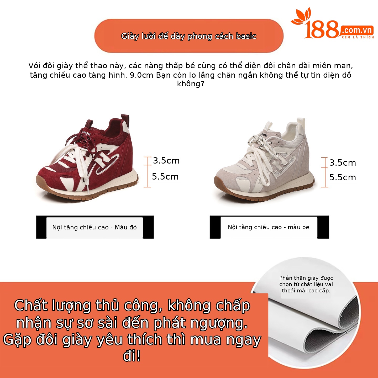 Giày sneaker nữ đế dày tăng chiều cao phong cách thể thao — màu be