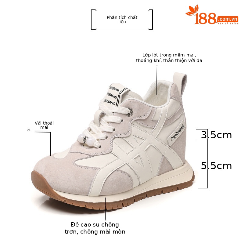 Giày sneaker nữ đế dày tăng chiều cao phong cách Token Forrest đế mềm — màu be chi tiết 2