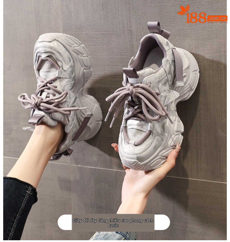 Giày sneaker nữ đế dày tăng chiều cao, lưới thoáng khí, phong cách thể thao — màu be chi tiết 1