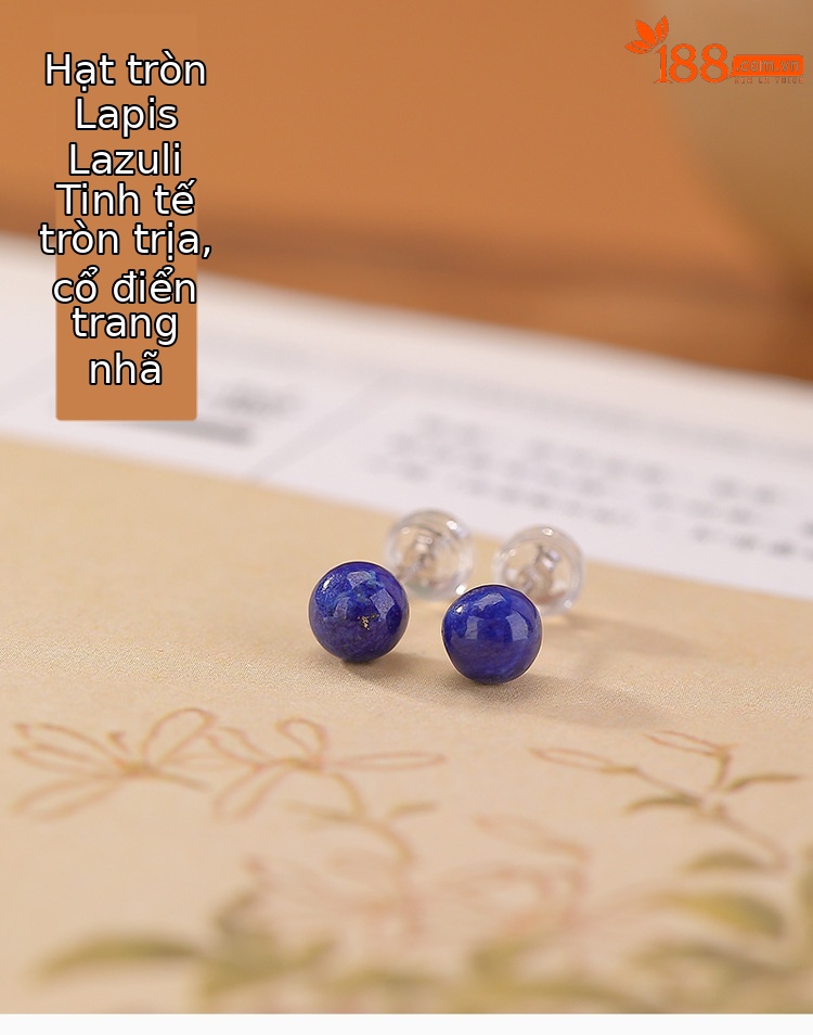Khuyên tai nữ bạc S925 đính hạt lapis lazuli tròn phong cách tối giản — Một đôi chi tiết 1
