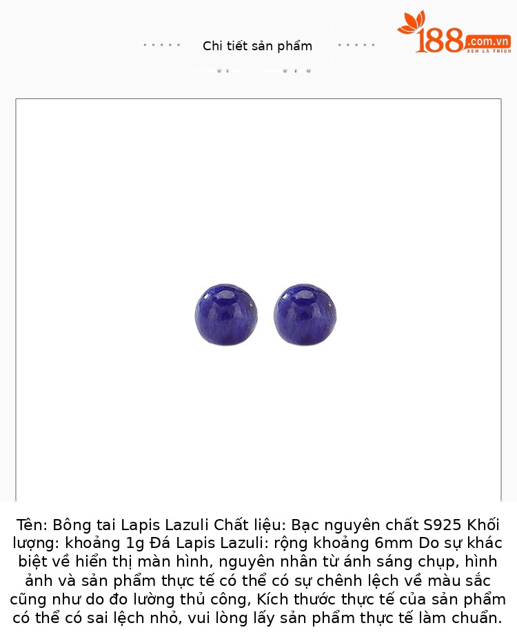 Khuyên tai nữ bạc S925 đính hạt lapis lazuli tròn phong cách tối giản — Một đôi chi tiết 2