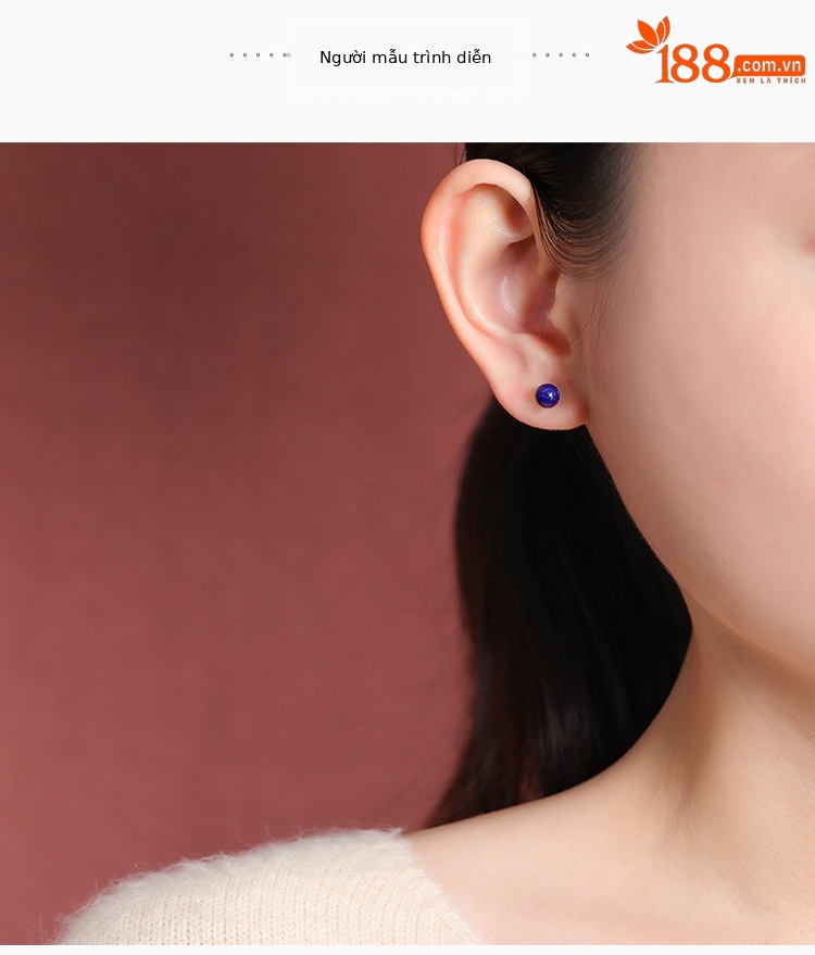Khuyên tai nữ bạc S925 đính hạt lapis lazuli tròn phong cách tối giản — Một đôi chi tiết 3