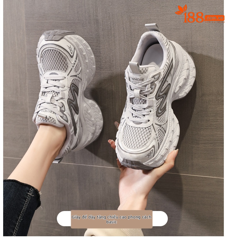 Giày sneaker nữ chunky đế dày lưới thoáng khí, tăng chiều cao — Xám đen chi tiết 1