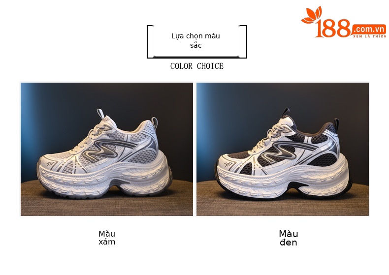 Giày sneaker nữ chunky đế dày lưới thoáng khí, tăng chiều cao — Xám đen chi tiết 2