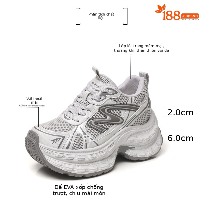 Giày sneaker nữ chunky đế dày lưới thoáng khí, tăng chiều cao — Xám đen chi tiết 3