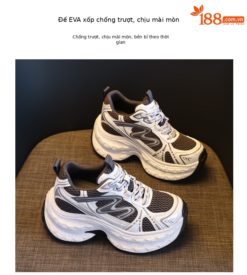 Giày sneaker nữ chunky đế dày lưới thoáng khí, tăng chiều cao — Xám đen chi tiết 10