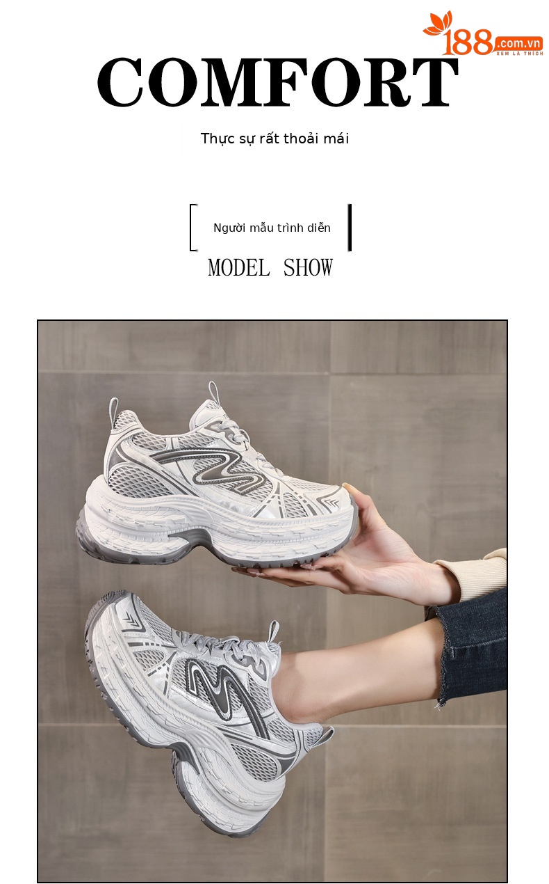 Giày sneaker nữ chunky đế dày lưới thoáng khí, tăng chiều cao — Xám đen chi tiết 11