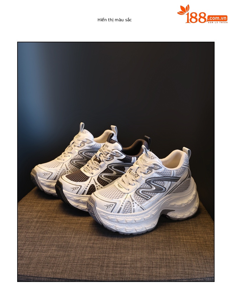 Giày sneaker nữ chunky đế dày lưới thoáng khí, tăng chiều cao — Xám đen chi tiết 18