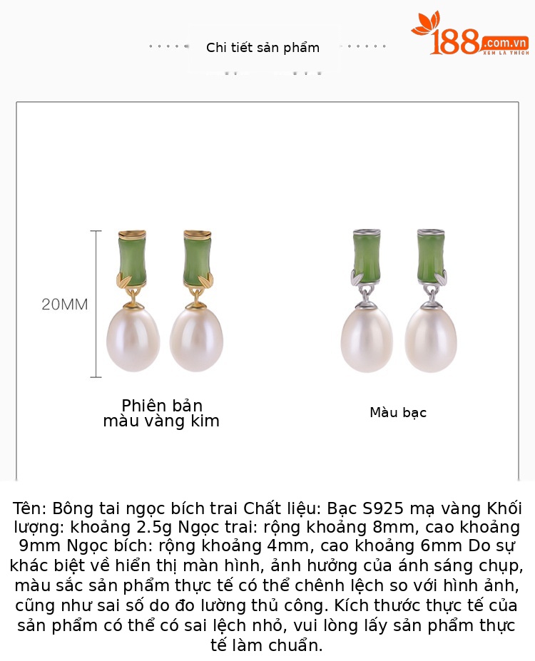 Khuyên tai bạc S925 mạ vàng đính ngọc bích và ngọc trai nước ngọt họa tiết trúc — Bạc chi tiết 2