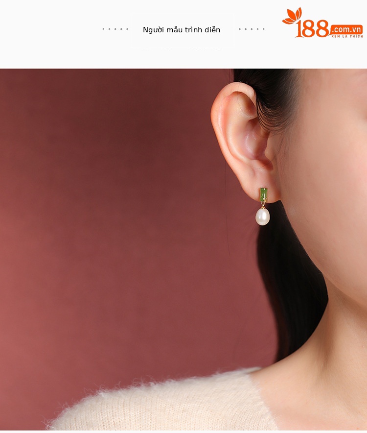 Khuyên tai bạc S925 mạ vàng đính ngọc bích và ngọc trai nước ngọt họa tiết trúc — Bạc chi tiết 6