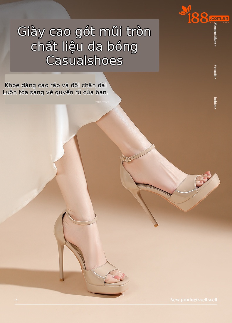Sandal cao gót nữ mũi tròn quai ngang gót nhọn 12 cm — Nude-12cm chi tiết 1