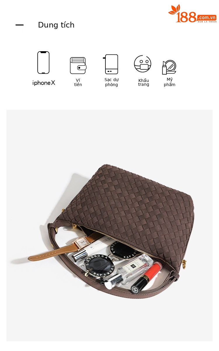 Túi bucket nữ dệt hộp cơm phong cách vintage mùa thu đông, đeo chéo hoặc xách tay chi tiết 16